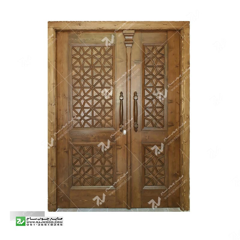 درب چوبی سنتی گره چینی ورودی ساختمان،مسجد توپر طرح مربع ترنج کد M4