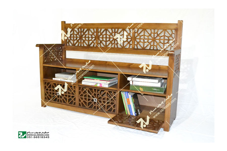 کتابخانه ، نیمکت و گنجه چوبی سنتی مشبک گره چینی - آذین کد ۶۲۷