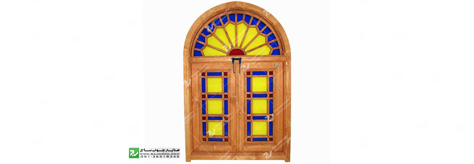پنجره چوبی سنتی ارسی شیشه رنگی گره چینی مشبک طرح شمس کد W201