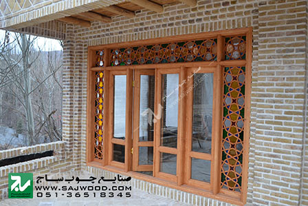 درب و پنجره سنتی چوبی شیشه رنگی ارسی گره چینی دستساز پروژه طرقبه خراسان
