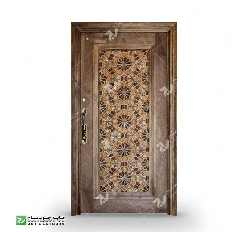 درب چوبی قدیمی گره چینی طرح تند دوازده ورودی ساختمان،آپارتمان کد T12A