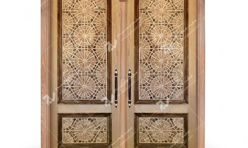 درب چوبی ورودی آپارتمان ساختمان گره چینی توپرسنتی طرح تنددوازده کد T12