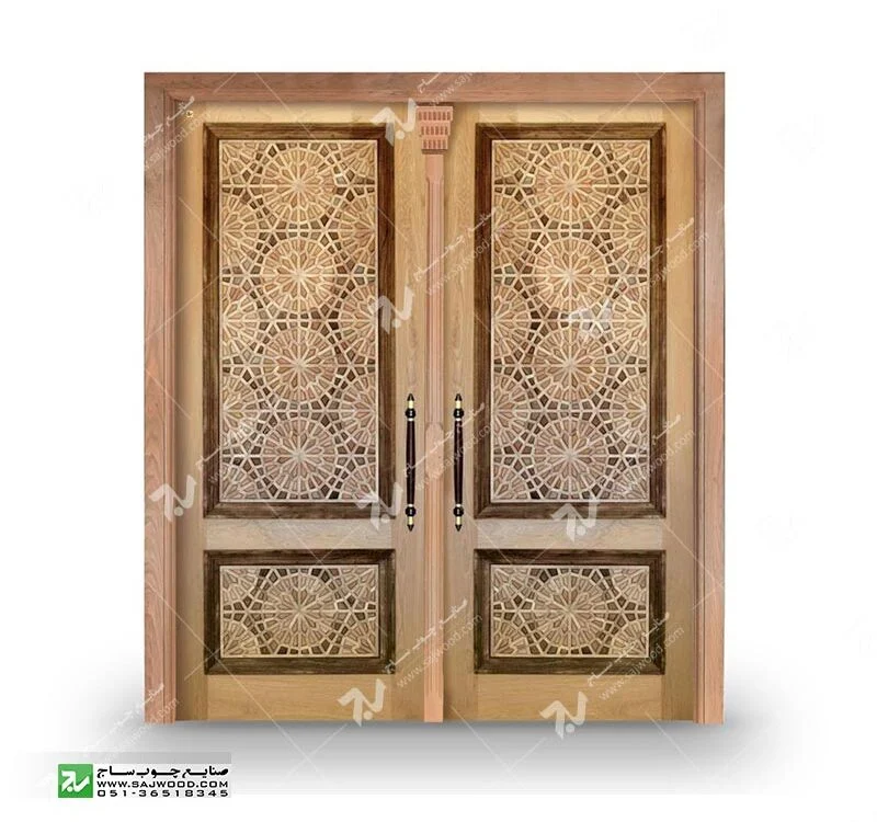 درب چوبی ورودی آپارتمان ساختمان گره چینی توپرسنتی طرح تنددوازده کد T12