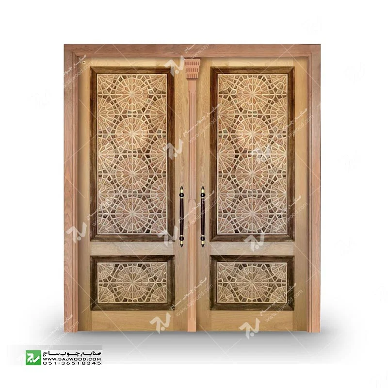 درب چوبی ورودی آپارتمان ساختمان گره چینی توپرسنتی طرح تنددوازده کد T12