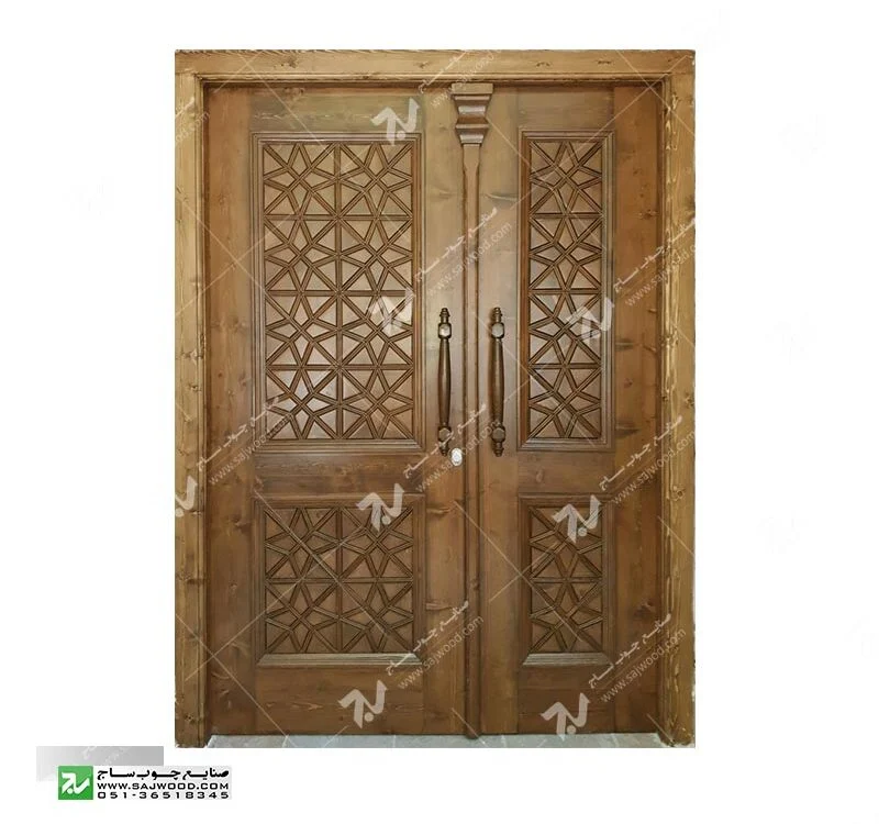 درب چوبی سنتی گره چینی ورودی ساختمان،مسجد توپر طرح مربع ترنج کد M4
