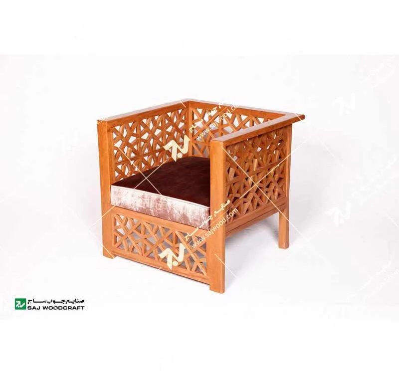 مبلمان چوبی سنتی یک نفره گره چینی مشبک تمام چوب