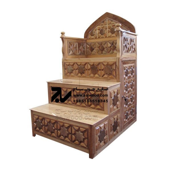 منبر چوبی مسجد گره چینی ۳ پله ساخت و خرید منبر تمام چوب سنتی ایرانی