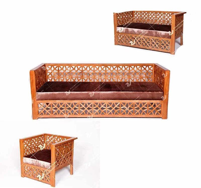 مبلمان چوبی سنتی هفت نفره گره چینی مشبک تمام چوب