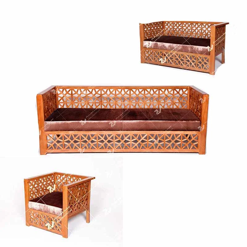 مبلمان چوبی سنتی هفت نفره گره چینی مشبک تمام چوب