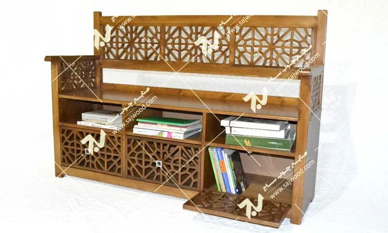 کتابخانه نیمکت و گنجه چوبی سنتی مشبک گره چینی فروش و ساخت انواع گنجه