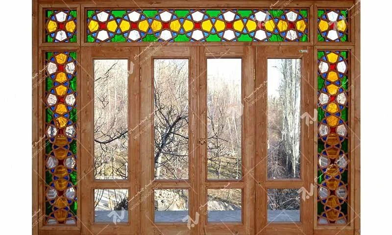 پنجره سنتی چوبی ارسی شیشه رنگی گره چینی مشبک طرح هشت چهار لنگه کد W202