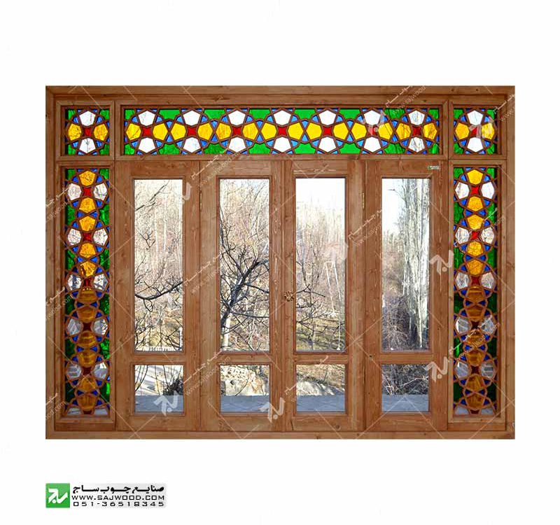 پنجره سنتی چوبی ارسی شیشه رنگی گره چینی مشبک طرح هشت چهار لنگه کد W202