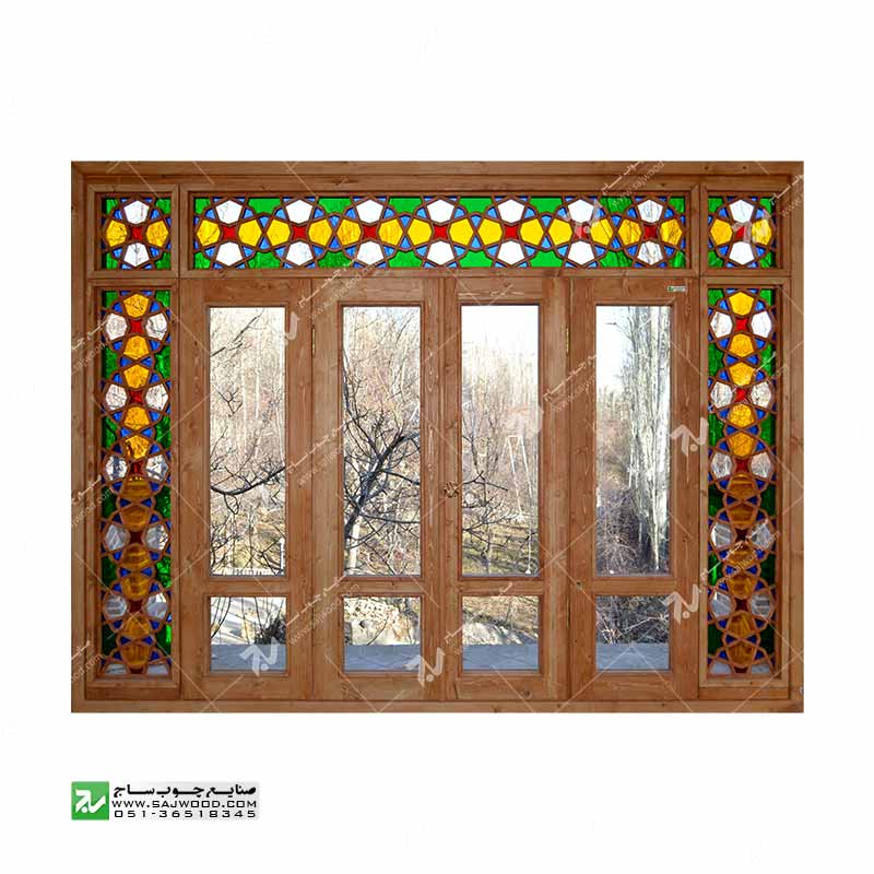 پنجره سنتی چوبی ارسی شیشه رنگی گره چینی مشبک طرح هشت چهار لنگه کد W202