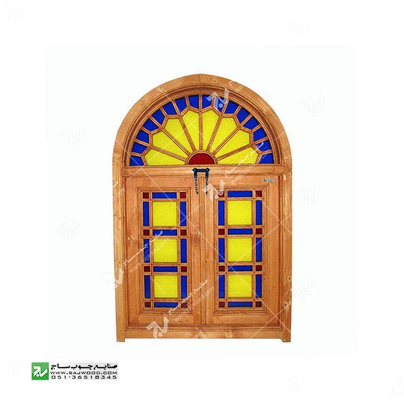 پنجره سنتی چوبی ارسی شیشه رنگی گره چینی مشبک طرح شمس کد W201