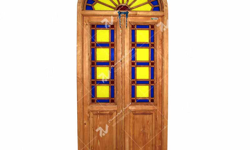 پنجره ارسی شیشه رنگی چوبی سنتی گره چینی مشبک طرح شمس کد W200