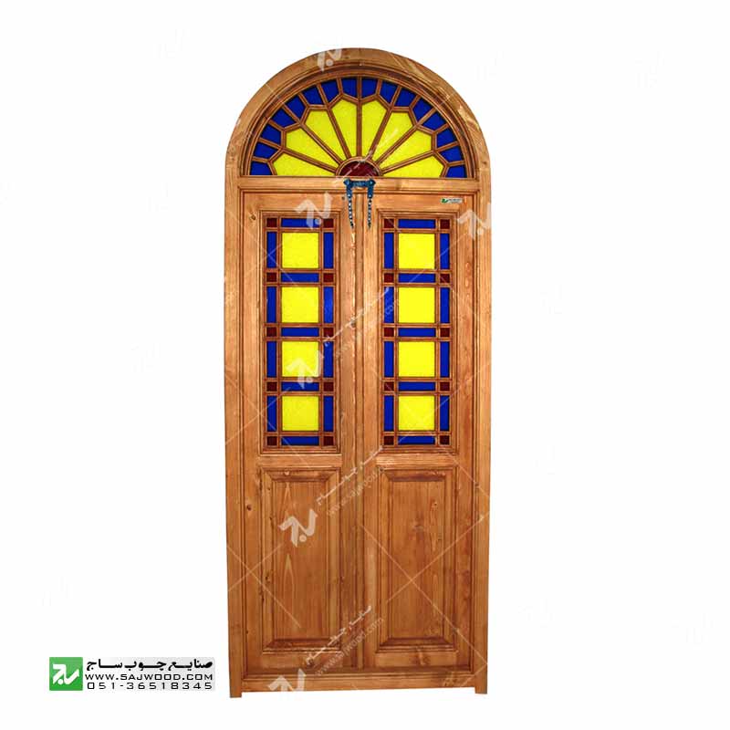 پنجره ارسی شیشه رنگی چوبی سنتی گره چینی مشبک طرح شمس کد W200