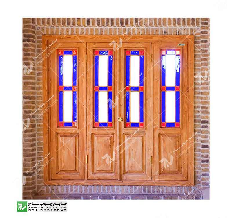 پنجره شیشه رنگی ارسی چوبی سنتی گره چینی مشبک طرح مربع کد W203