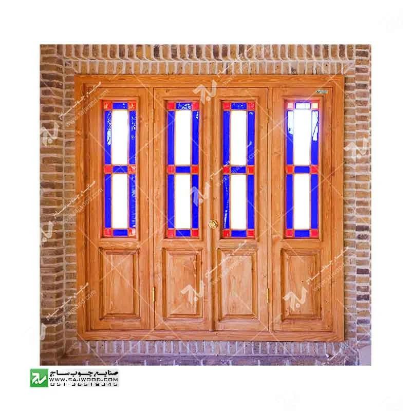 پنجره شیشه رنگی ارسی چوبی سنتی گره چینی مشبک طرح مربع کد W203