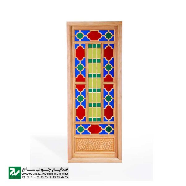 پنجره سنتی اُرُسی قواره بری چوبی با شیشه های رنگی صنایع چوب ساج مدل W204