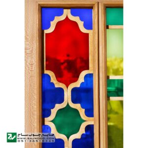 پنجره سنتی قواره بری ارسی چوبی و اصیل ایرانی با شیشه های رنگی صنایع چوب ساج مدل W204