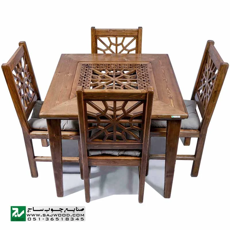 میز و صندلی غذا خوری چهار نفره چوبی سنتی صنایع چوب ساج مدل 325
