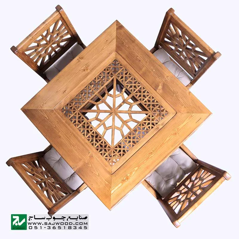میز و صندلی غذا خوری سنتی چهار نفره چوبی صنایع چوب ساج مدل 325