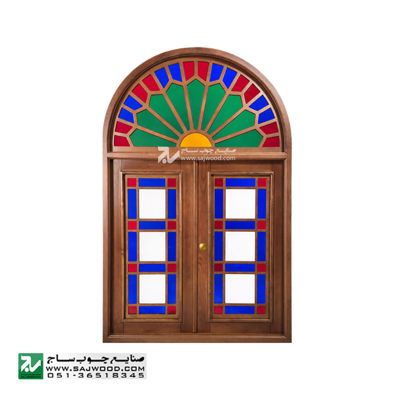 پنجره اُرُسی شیشه رنگی چوبی سنتی CNC صنایع چوب ساج مدل W301 با طرح شمس