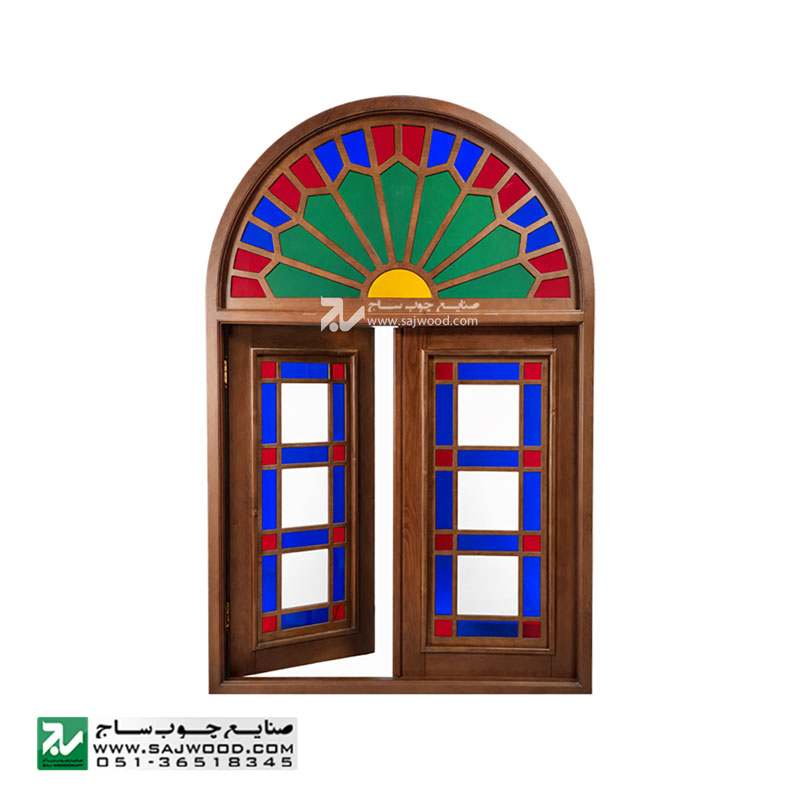 پنجره اُرُسی شیشه رنگی چوبی سنتی CNC صنایع چوب ساج مدل W301 با طرح شمس