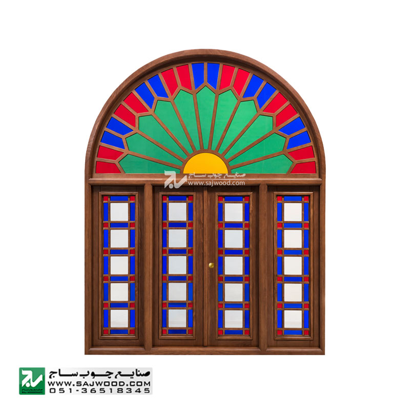 پنجره اُرُسی شیشه رنگی چوبی CNC طرح شمس مدل W305 صنایع چوب ساج