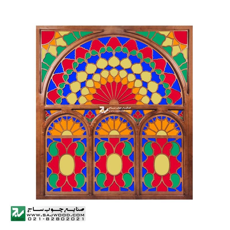 پنجره اُرُسی شیشه رنگی چوبی سنتی صنایع چوب ساج مدل W310