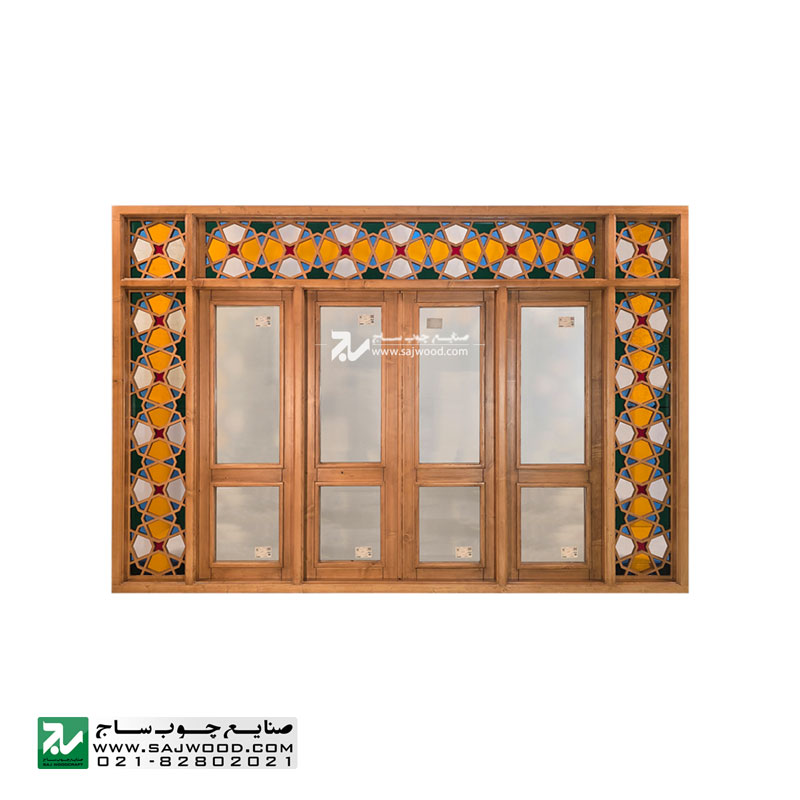 پنجره اُرُسی شیشه رنگی چوبی سنتی صنایع چوب ساج مدل W302