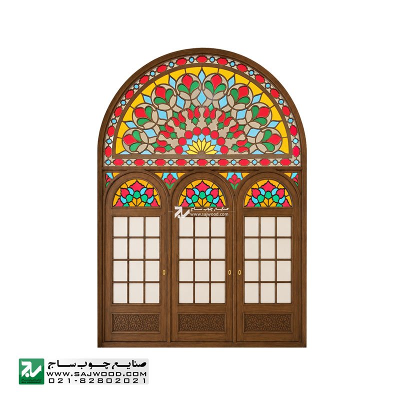 سه دری ارسی شیشه رنگی چوبی سنتی صنایع چوب ساج مدل WD400